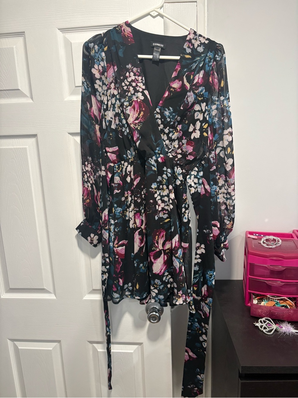 Express Black Floral Wrap Mini Dress with Pink & Blue Blooms